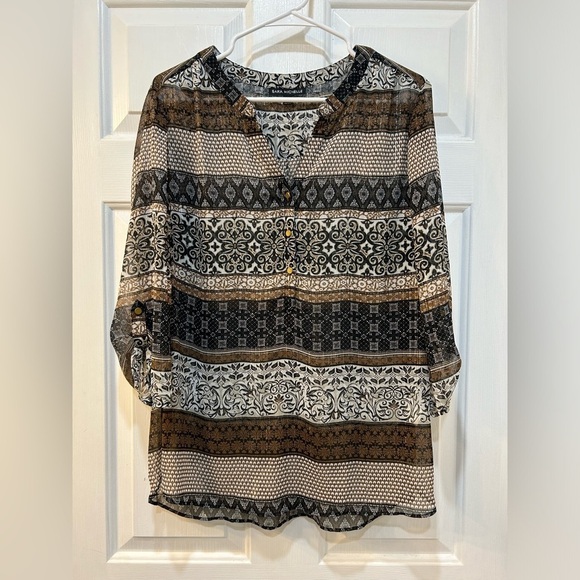 Women's Semi Sheer Fall Boho Print Blouse Size L Hippie Cottage Casual Metallic - Picture 1 of 9